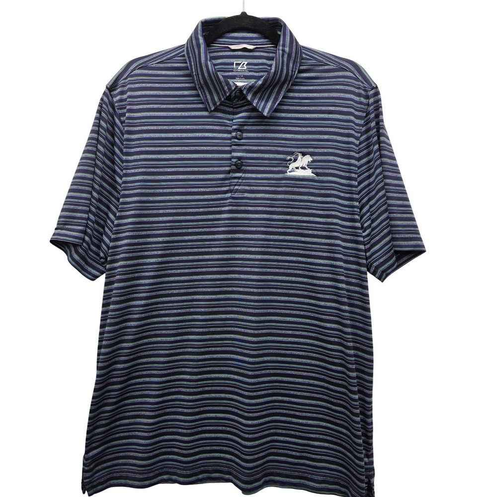 Cutter & Buck Mens Large CB DryTec Striped Golf Polo Shirt Blue Purple Lion Logo